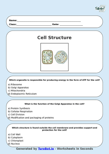 Year 9 Science Multiple Choice Worksheet – Cell Structure and Functions