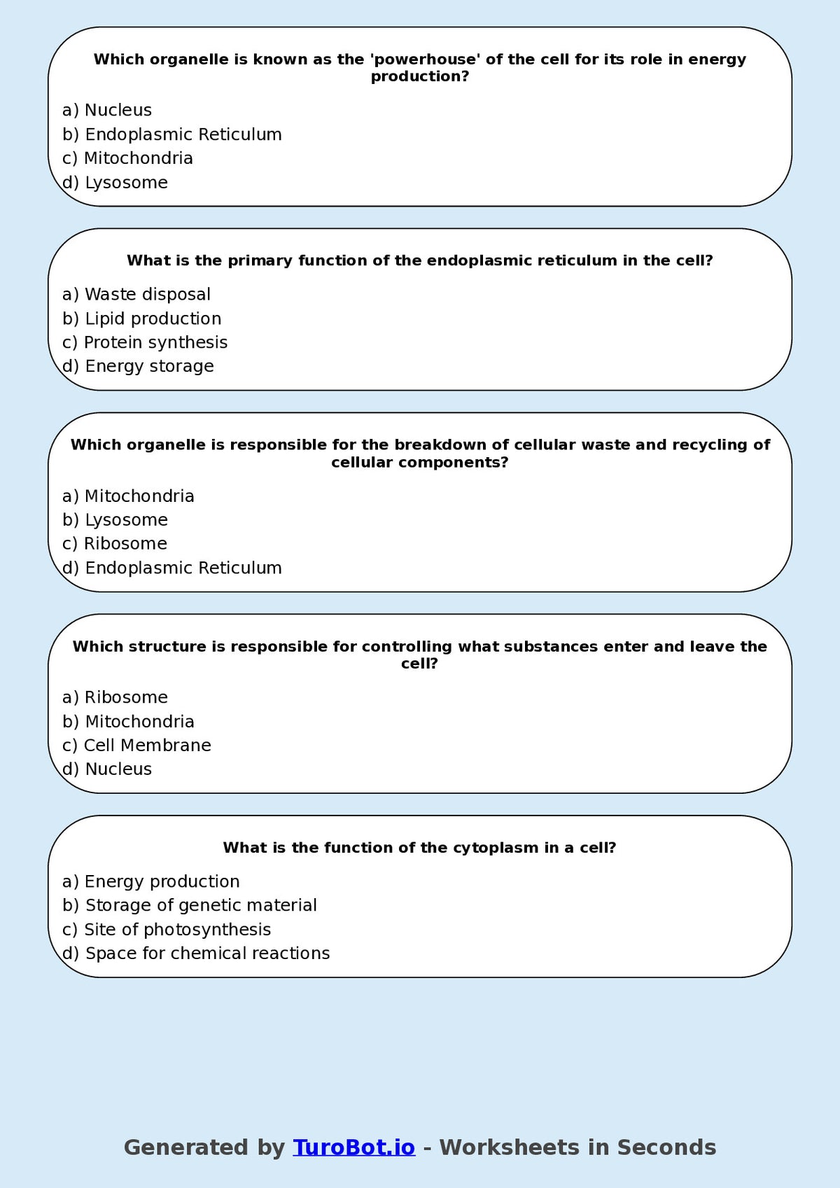 Year 9 Science Multiple Choice Worksheet – Cell Structure and Functions