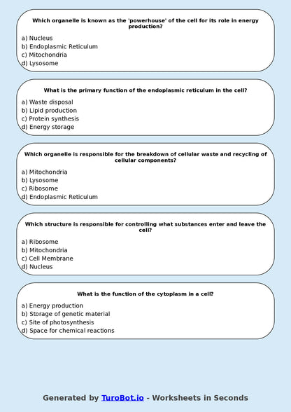Year 9 Science Multiple Choice Worksheet – Cell Structure and Functions