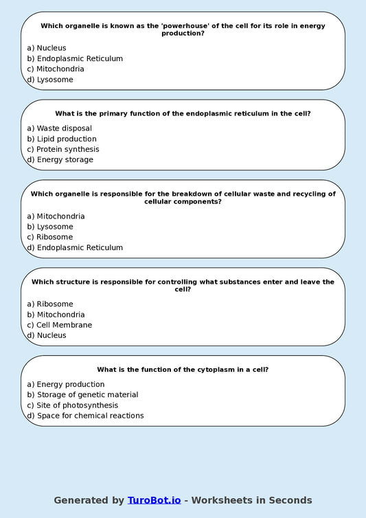 Year 9 Science Multiple Choice Worksheet – Cell Structure and Functions