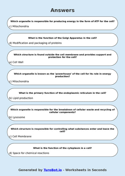 Year 9 Science Multiple Choice Worksheet – Cell Structure and Functions
