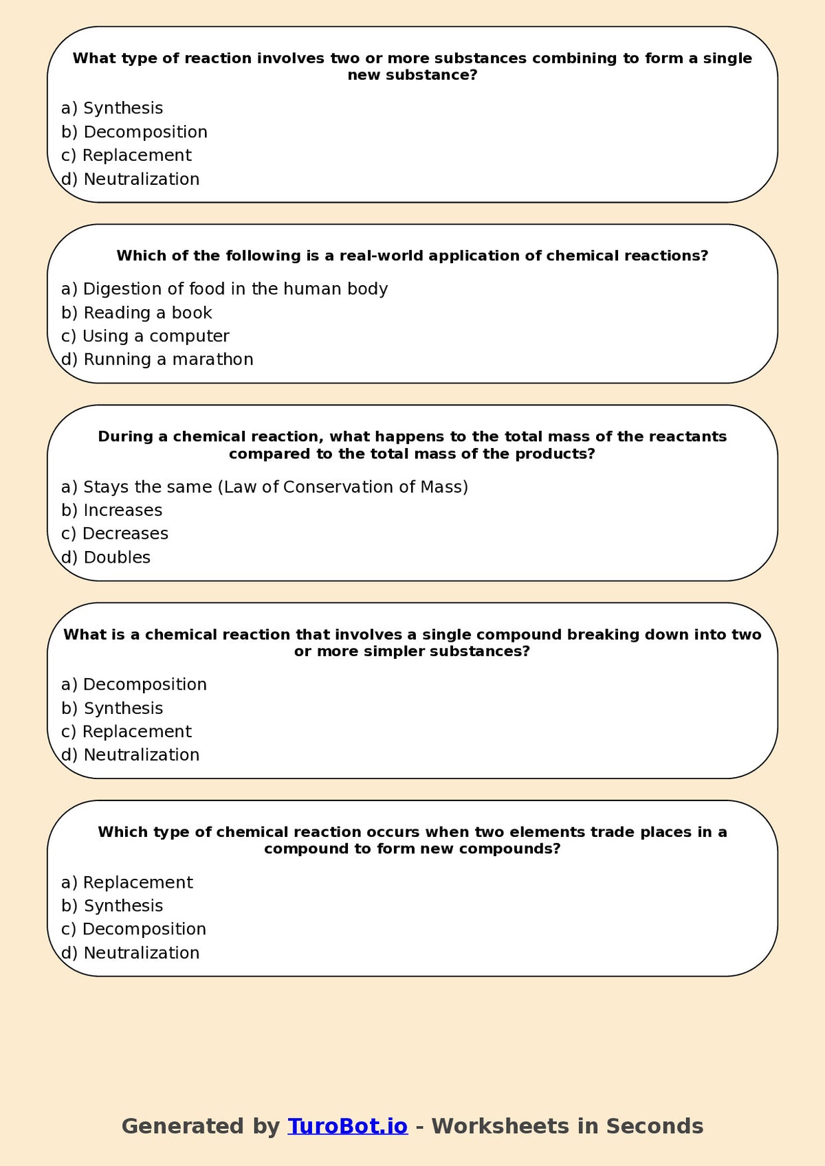 Year 9 Science Multiple Choice Worksheet – Chemical Reactions Basics