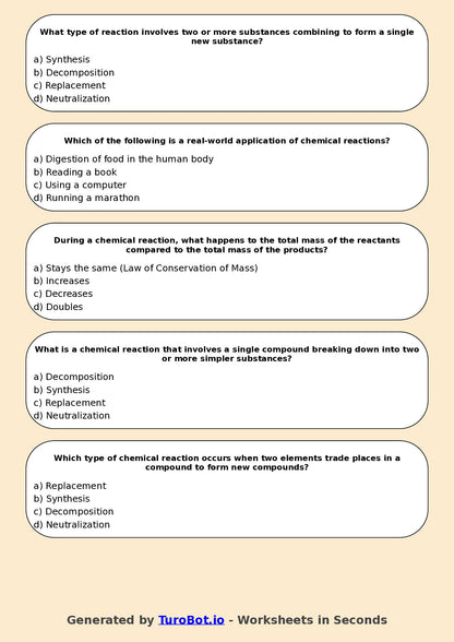 Year 9 Science Multiple Choice Worksheet – Chemical Reactions Basics