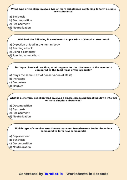Year 9 Science Multiple Choice Worksheet – Chemical Reactions Basics