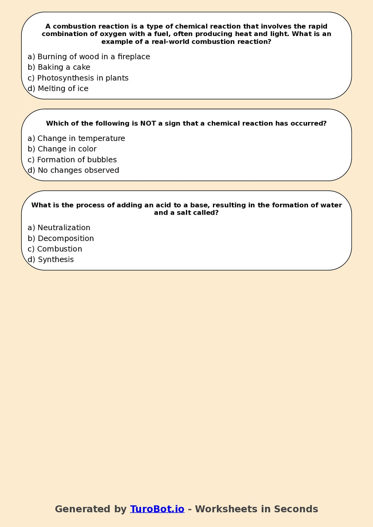 Year 9 Science Multiple Choice Worksheet – Chemical Reactions Basics