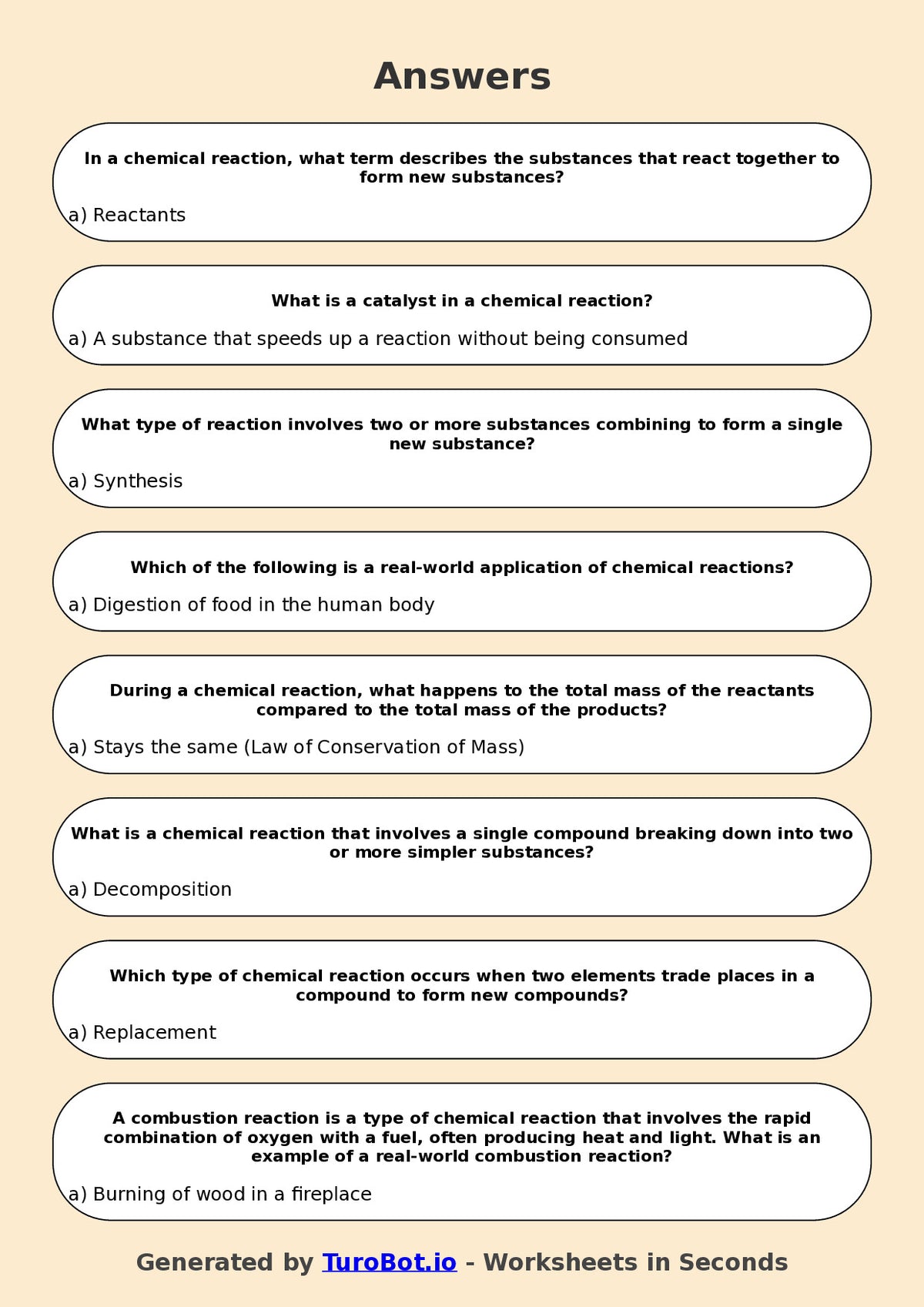 Year 9 Science Multiple Choice Worksheet – Chemical Reactions Basics