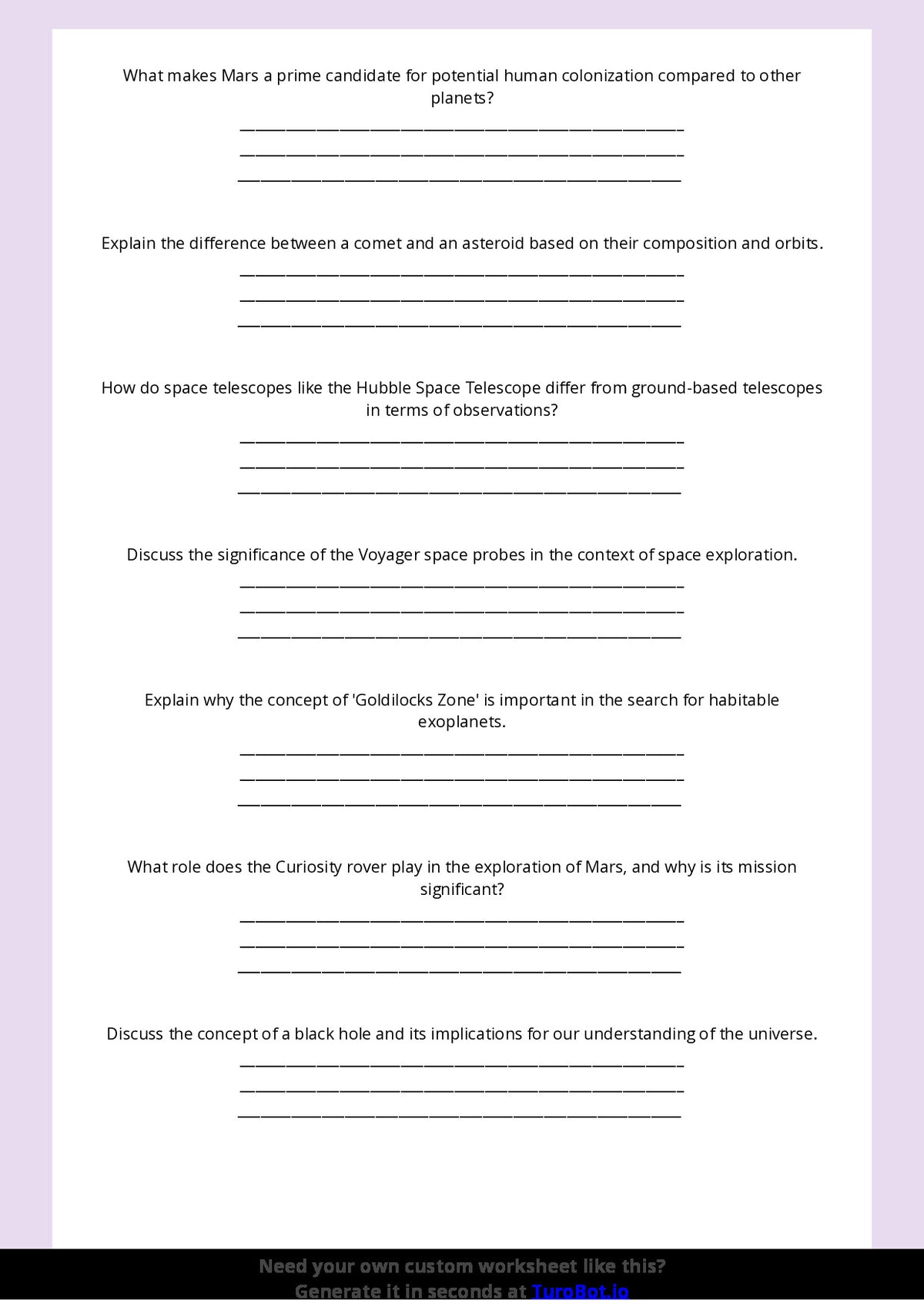 Free Worksheet - Year 9 Science The Solar System and Space Exploration Short Answer Response