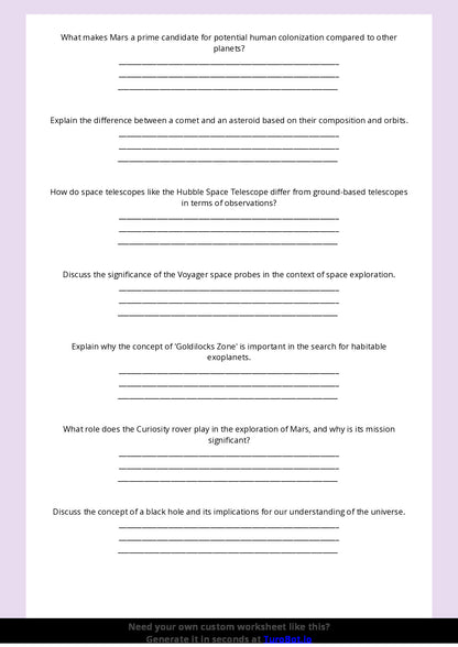 Free Worksheet - Year 9 Science The Solar System and Space Exploration Short Answer Response