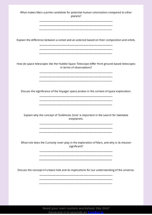 Free Worksheet - Year 9 Science The Solar System and Space Exploration Short Answer Response