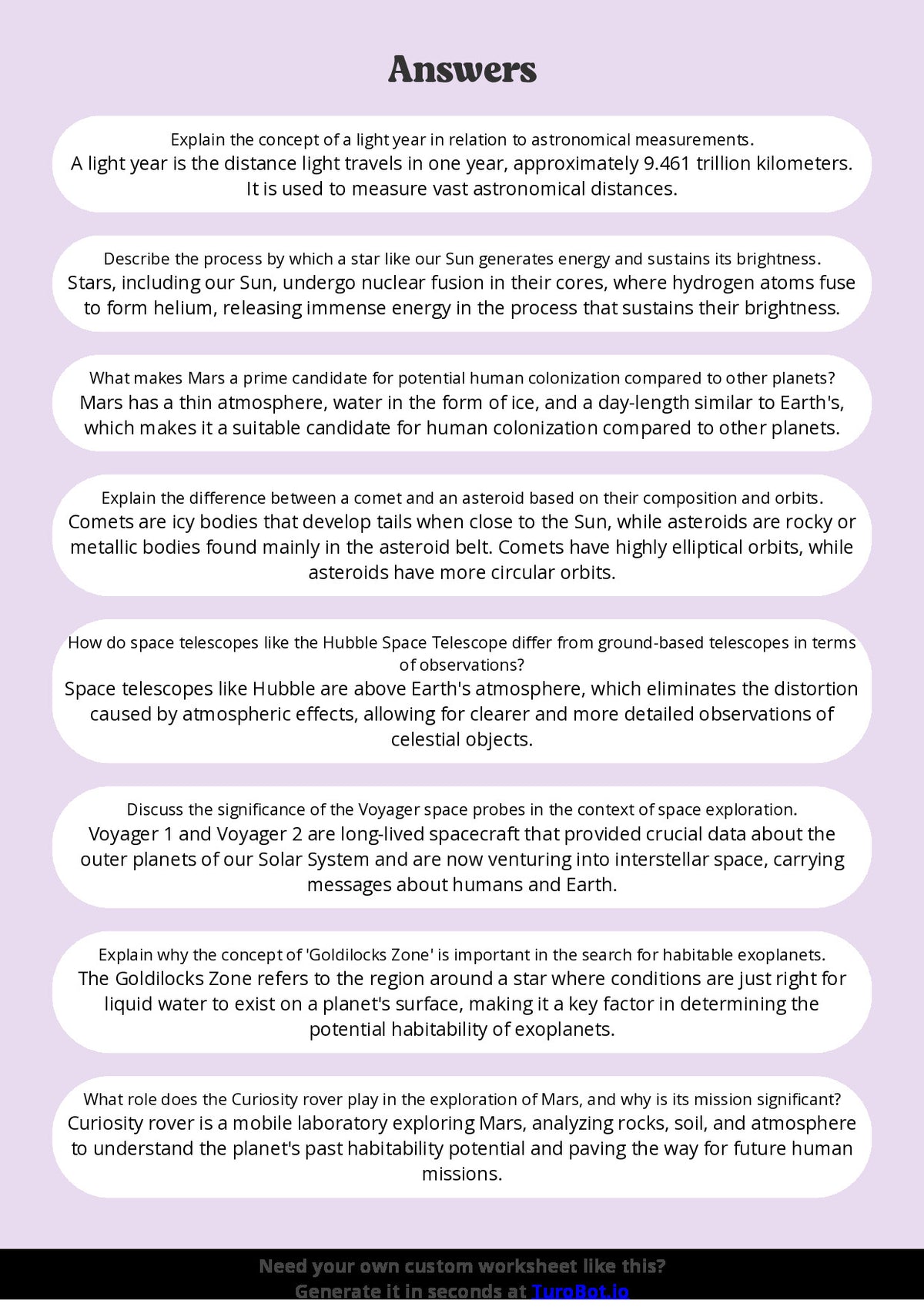 Free Worksheet - Year 9 Science The Solar System and Space Exploration Short Answer Response