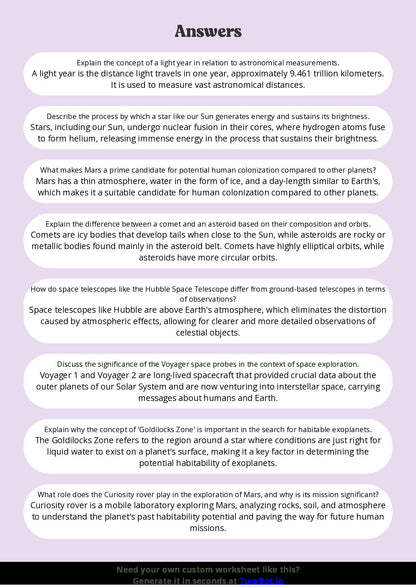 Free Worksheet - Year 9 Science The Solar System and Space Exploration Short Answer Response