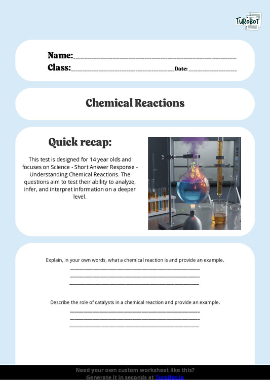 Free Worksheet - Year 9 Science Understanding Chemical Reactions Short Answer Response