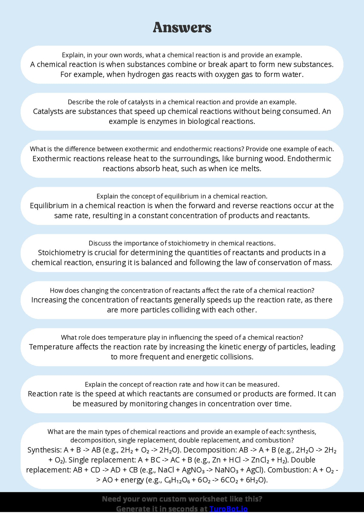 Free Worksheet - Year 9 Science Understanding Chemical Reactions Short Answer Response