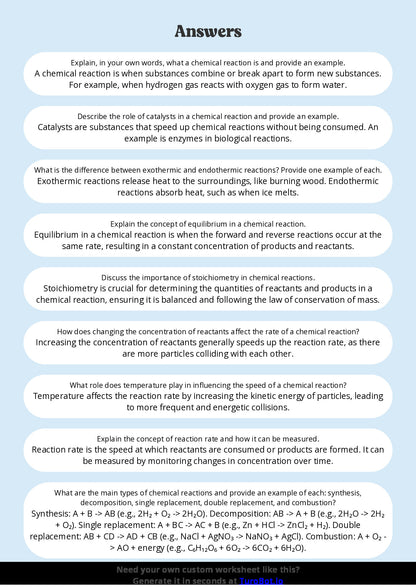 Free Worksheet - Year 9 Science Understanding Chemical Reactions Short Answer Response