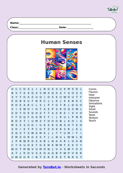 Science - Year 4 - Find a Word - Human Senses – Free Find a Word Worksheet