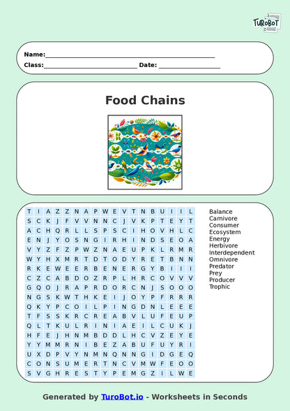 Science - Year 5 - Find a Word - Food Chains – Free Find a Word Worksheet