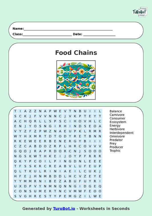 Science - Year 5 - Find a Word - Food Chains – Free Find a Word Worksheet