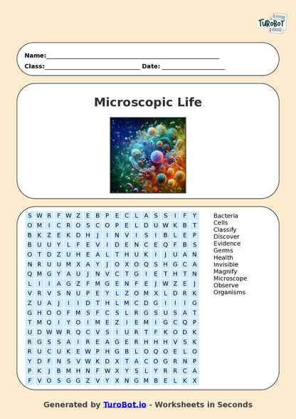 Science - Year 6 - Find a Word - Microscopic Life – Free Find a Word Worksheet
