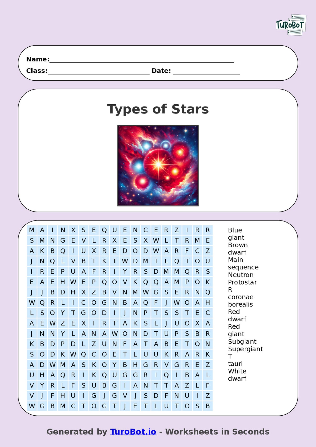 Science - Year 6 - Find a Word - Types of Stars – Free Find a Word Worksheet