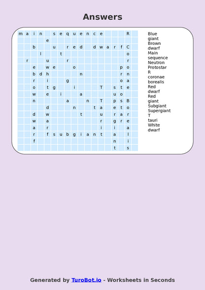 Science - Year 6 - Find a Word - Types of Stars – Free Find a Word Worksheet