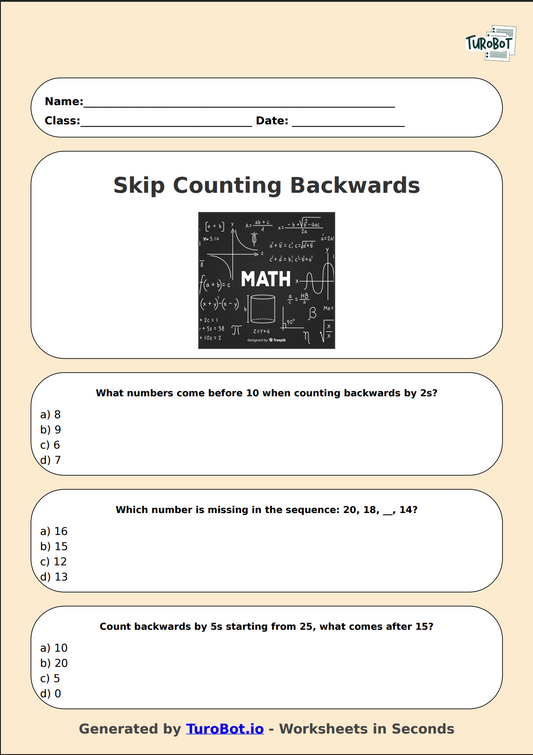 Math - Skip Counting Backwards - Year 3 - Count Backwards by 2s, 5s and 10s