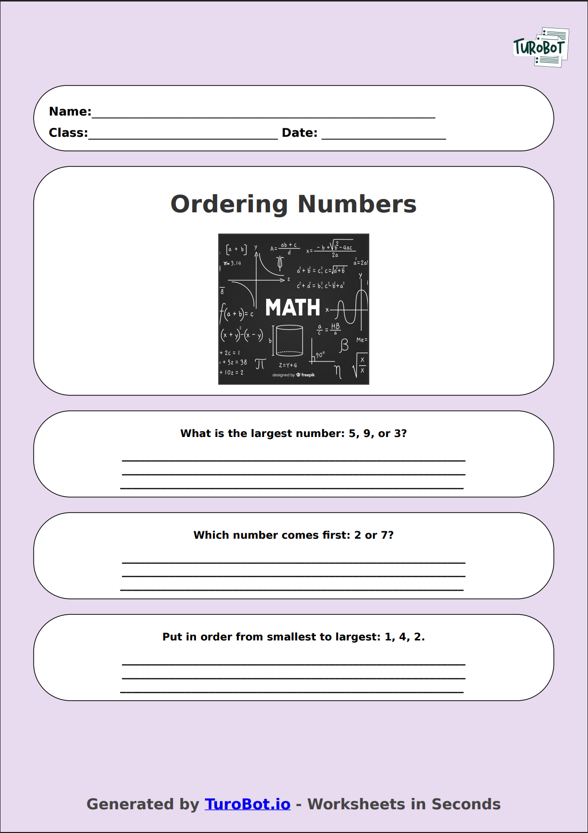 Math - Ordering Numbers - Year 3 - Order It Worksheet 1