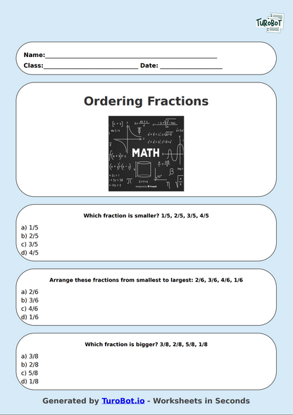 Math - Ordering Fractions (Same Denominator) - Year 3 - Order the Fractions