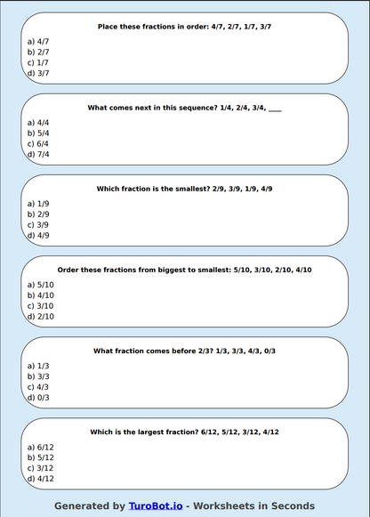 Math - Ordering Fractions (Same Denominator) - Year 3 - Order the Fractions