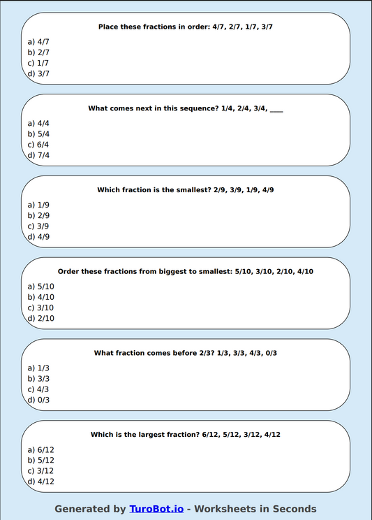 Math - Ordering Fractions (Same Denominator) - Year 3 - Order the Fractions