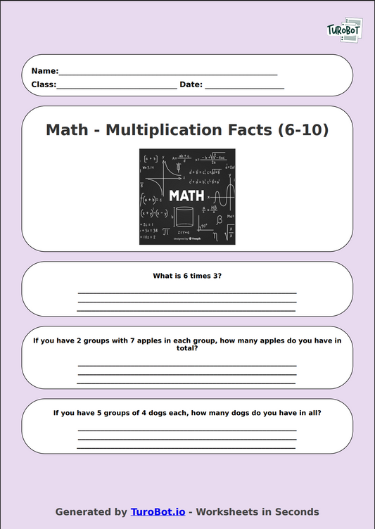 Math - Multiplication Facts (6-10) - Year 3 - Times Tables 6-10