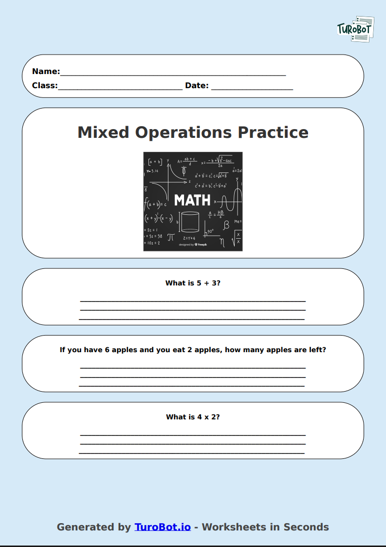 Math - Mixed Operations Practice - Year 3 - Add, Subtract, Multiply, Divide