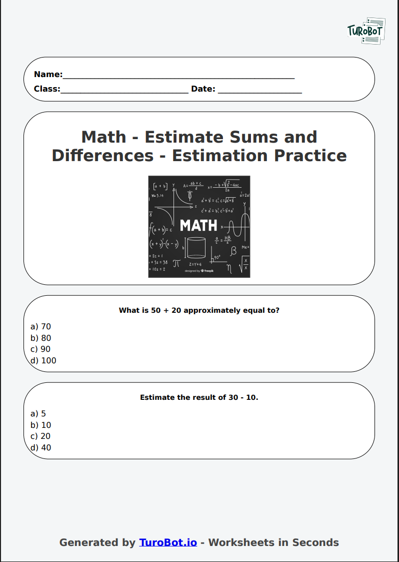 Math - Estimate Sums and Differences - Year 4 - Estimation Practice