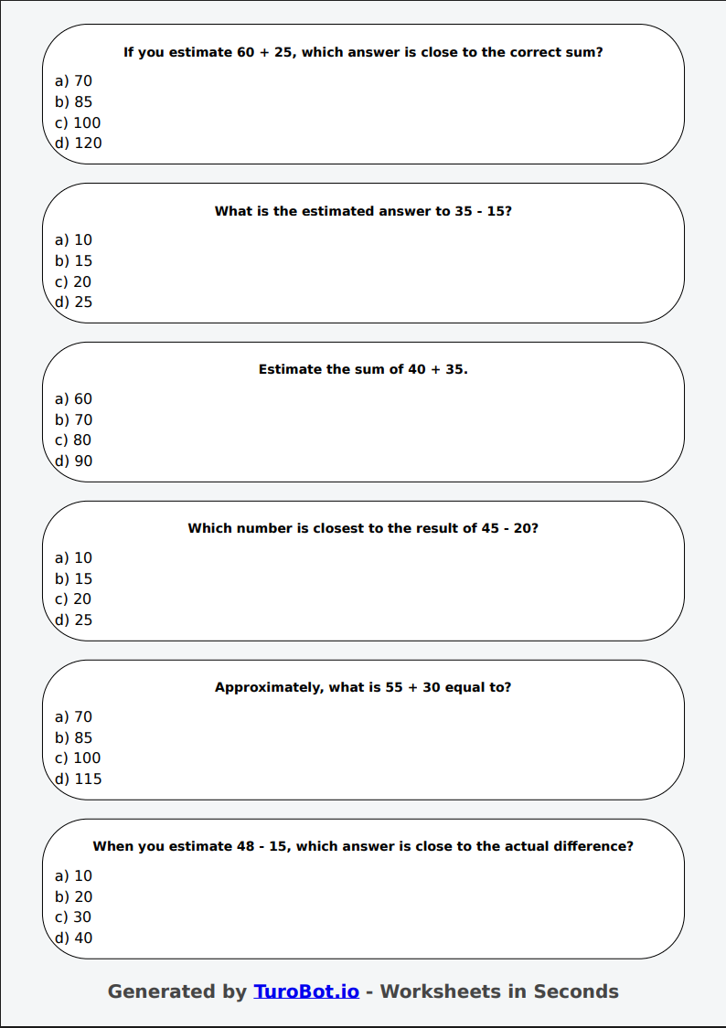 Math - Estimate Sums and Differences - Year 4 - Estimation Practice