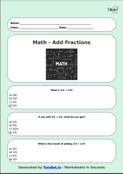 Math - Add Fractions (Same Denominator) - Year 3 - Easy Fraction Addition