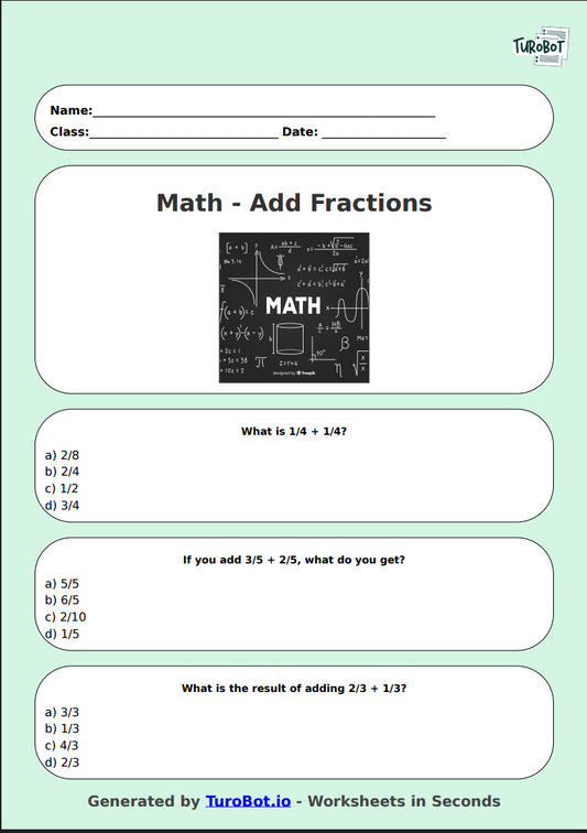 Math - Add Fractions (Same Denominator) - Year 3 - Easy Fraction Addition