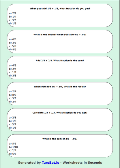 Math - Add Fractions (Same Denominator) - Year 3 - Easy Fraction Addition