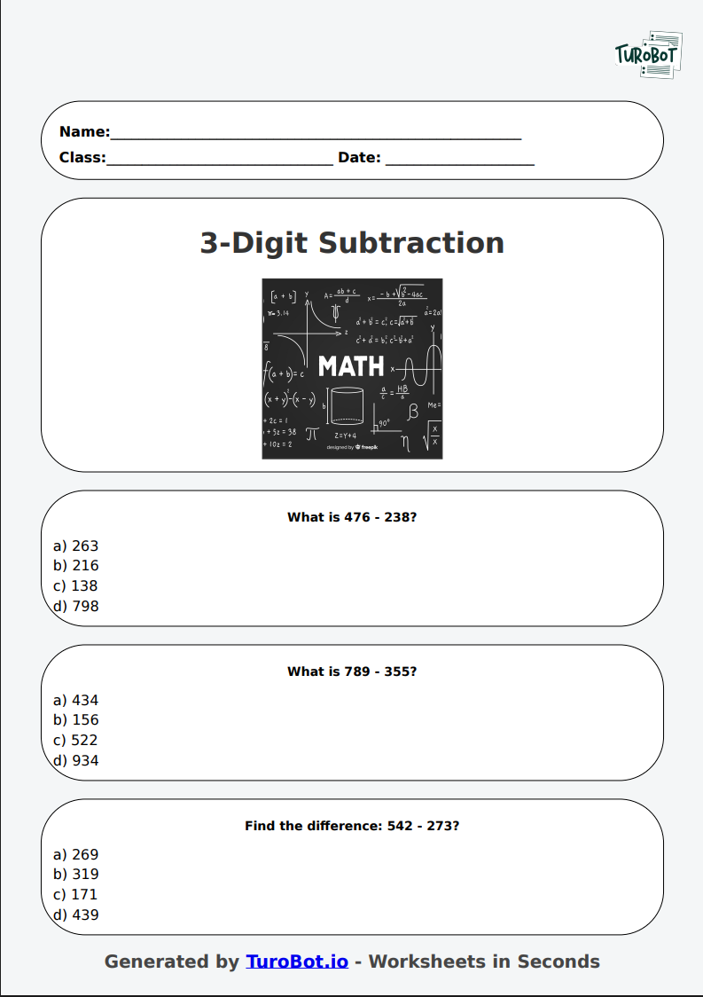 Math - 3-Digit Subtraction without Regrouping - Year 4 - Subtract 3-Digit Numbers