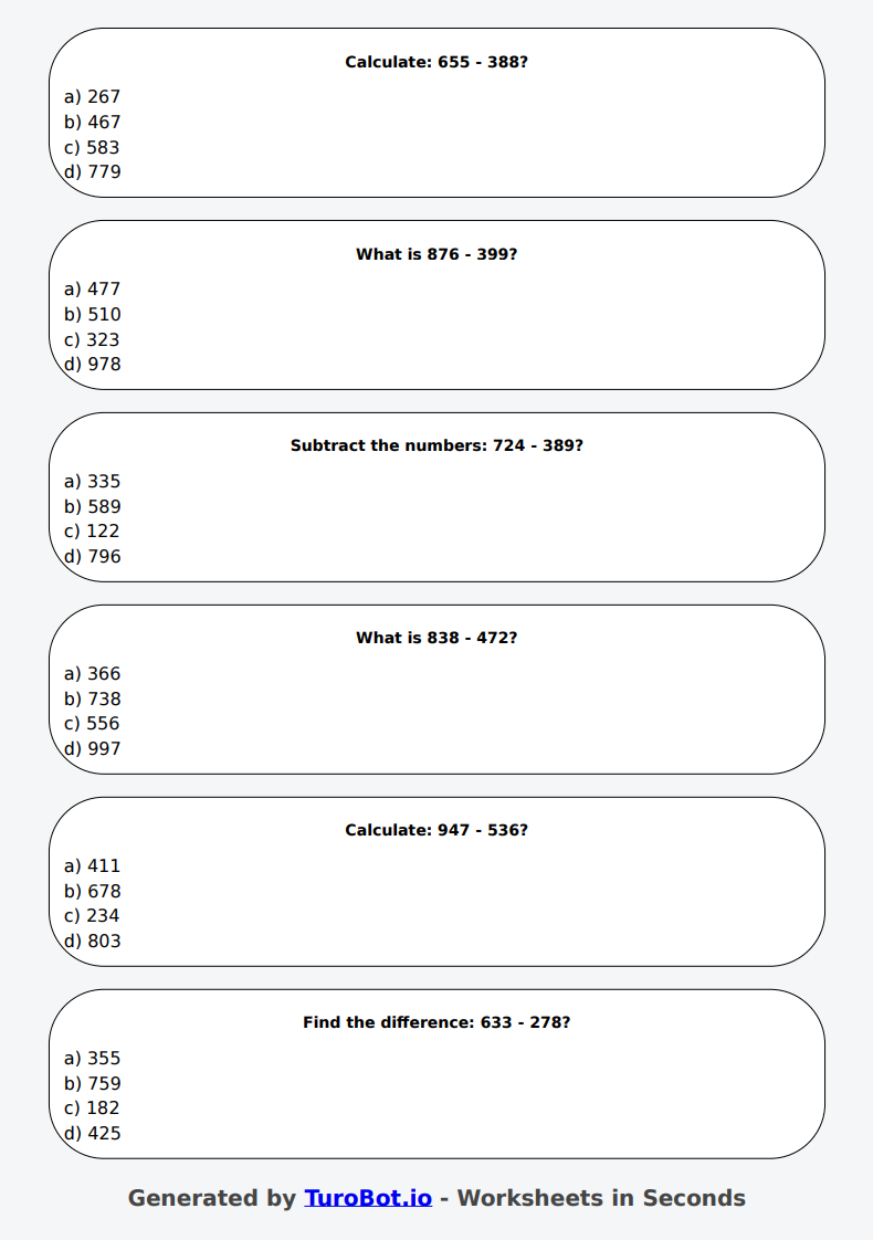 Math - 3-Digit Subtraction without Regrouping - Year 4 - Subtract 3-Digit Numbers