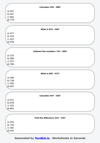 Math - 3-Digit Subtraction without Regrouping - Year 4 - Subtract 3-Digit Numbers