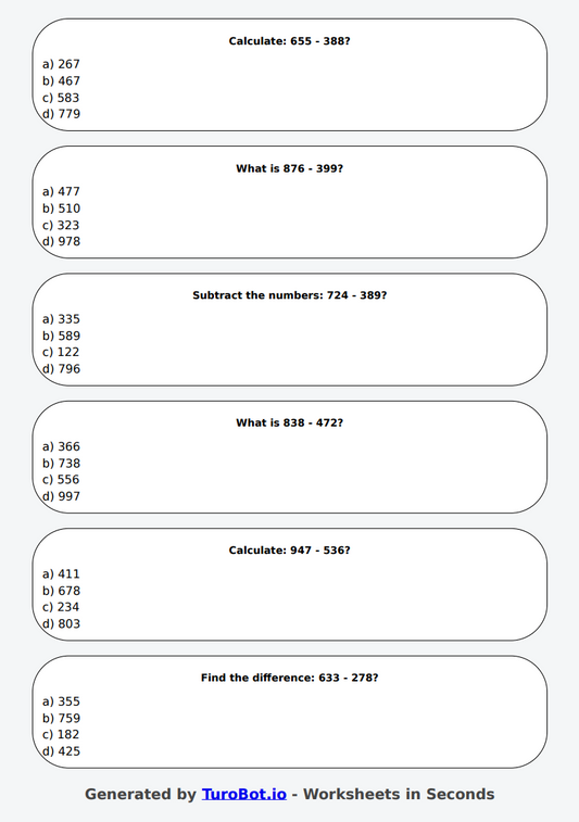 Math - 3-Digit Subtraction without Regrouping - Year 4 - Subtract 3-Digit Numbers