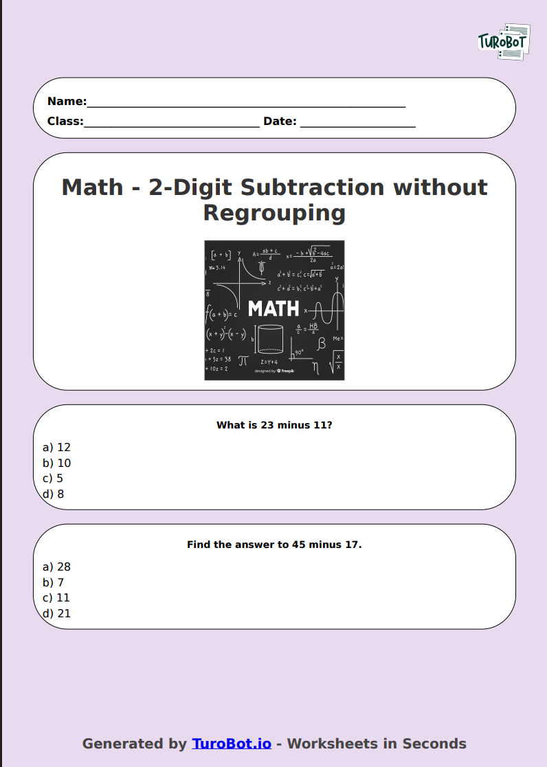 Math - 2-Digit Subtraction without Regrouping - Year 3 - Easy 2-Digit Subtraction