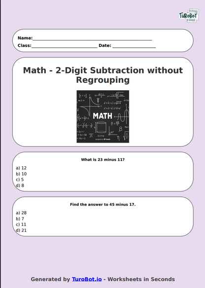 Math - 2-Digit Subtraction without Regrouping - Year 3 - Easy 2-Digit Subtraction