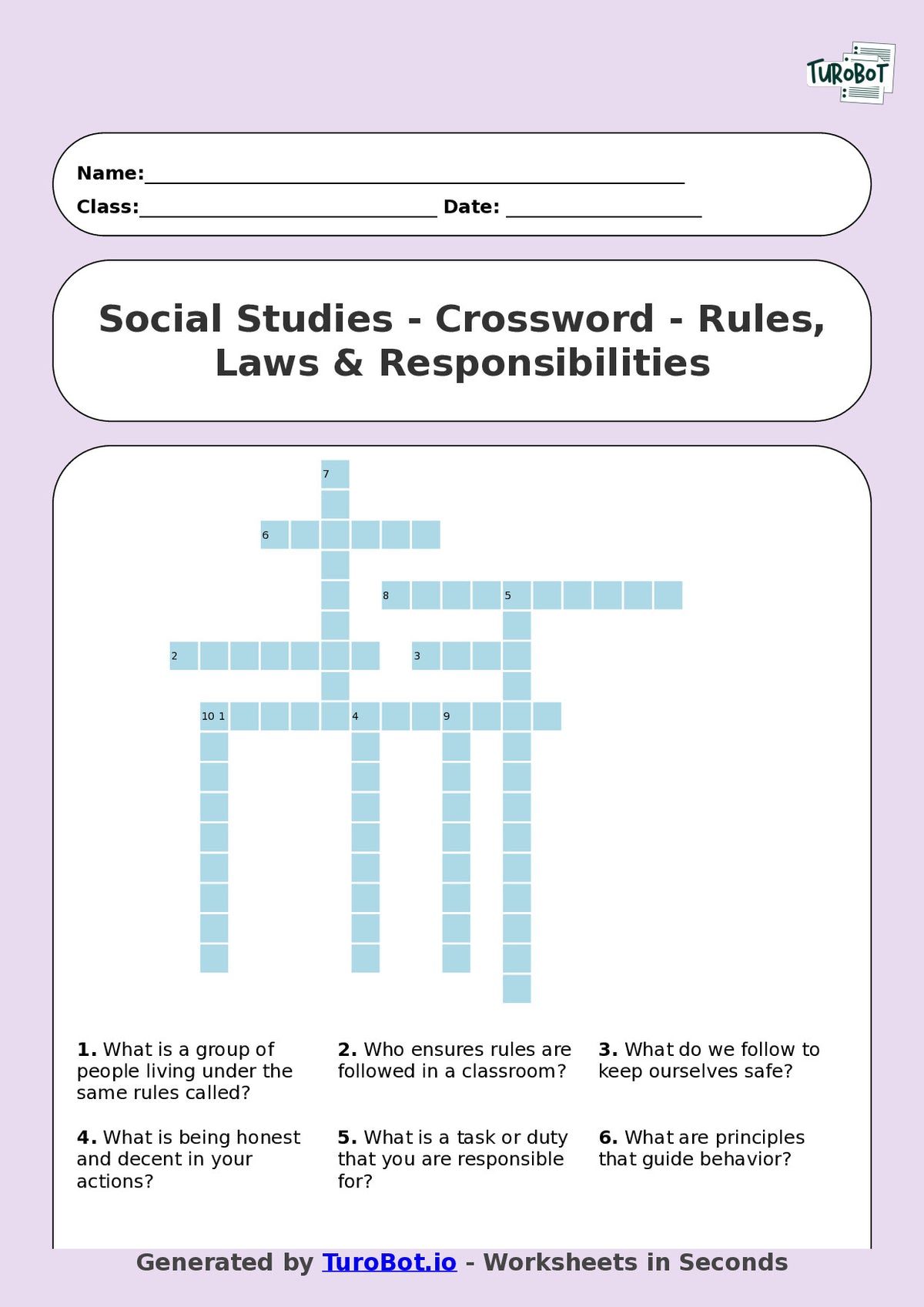 Year 5 Social Studies Crossword Worksheet – Rules, Laws & Responsibilities