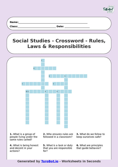 Year 5 Social Studies Crossword Worksheet – Rules, Laws & Responsibilities