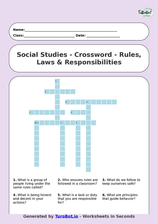Year 5 Social Studies Crossword Worksheet – Rules, Laws & Responsibilities