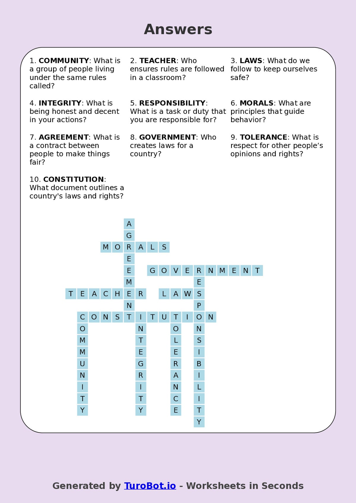 Year 5 Social Studies Crossword Worksheet – Rules, Laws & Responsibilities