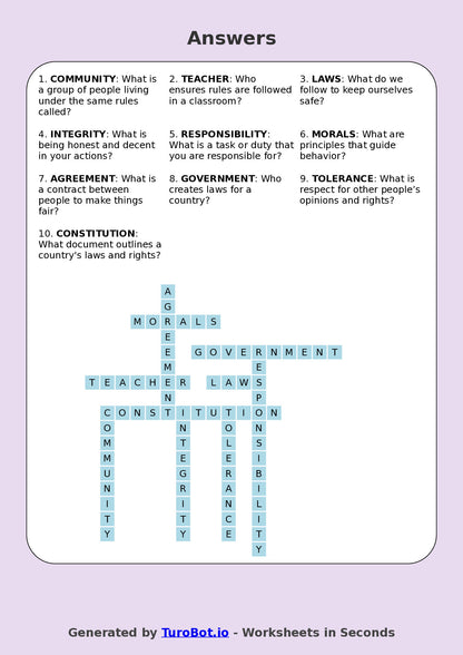 Year 5 Social Studies Crossword Worksheet – Rules, Laws & Responsibilities