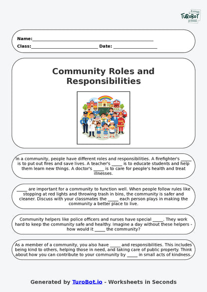 Year 5 Social Studies Fill in the Blanks Worksheet – Community Roles and Responsibilities