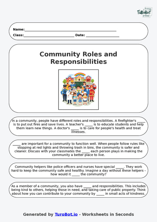 Year 5 Social Studies Fill in the Blanks Worksheet – Community Roles and Responsibilities