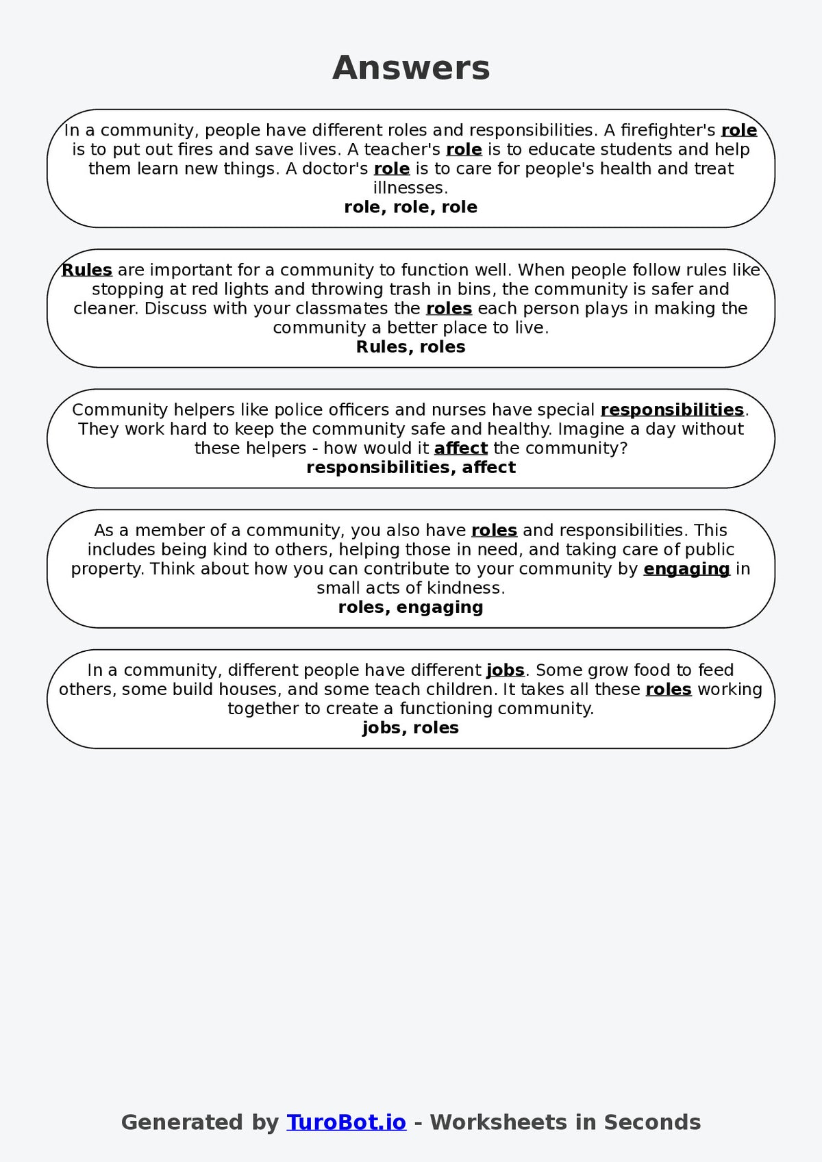 Year 5 Social Studies Fill in the Blanks Worksheet – Community Roles and Responsibilities